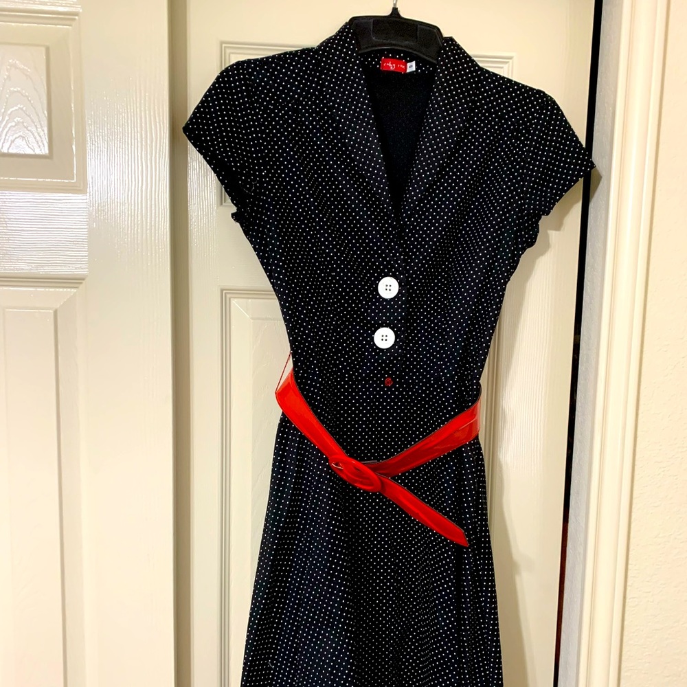Ruby Rox junior size retro dotted dress. Red belt.
